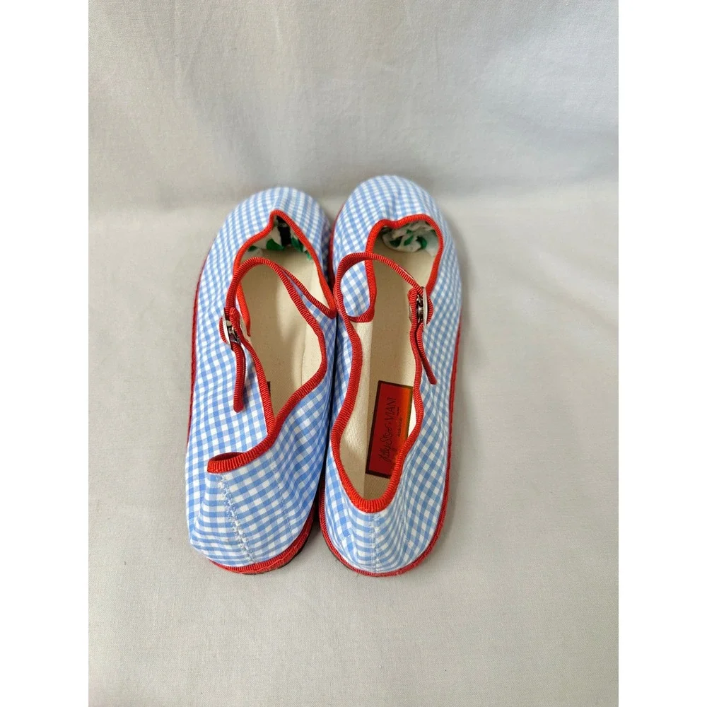 Via I Lilly Sisto Florence Mary Jane Cotton Gingham Blue Red Flats Euro 40 Italy